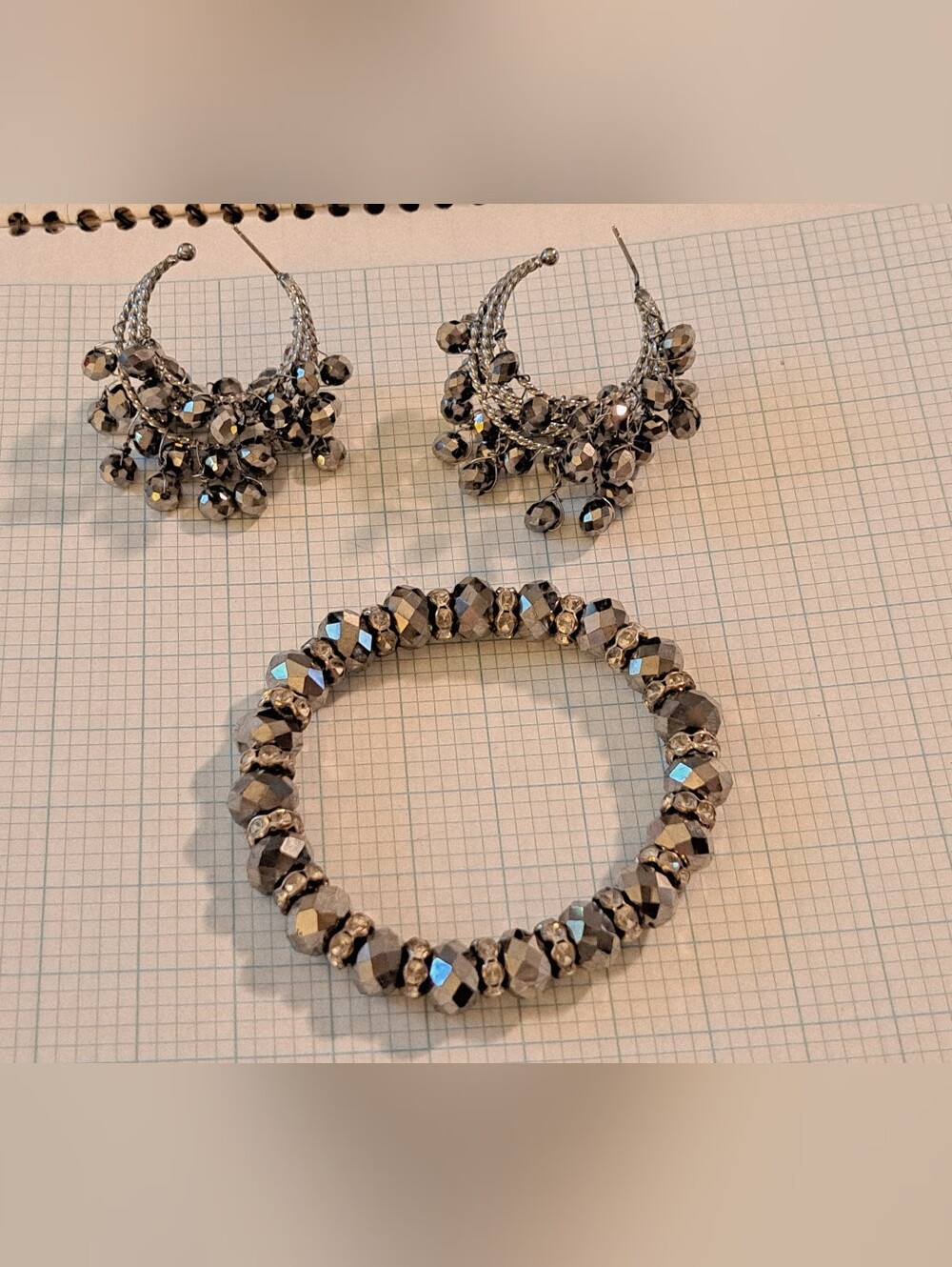 Silver-Tone Mirror Faceted Bead Bracelet and Hoop Earrings Set